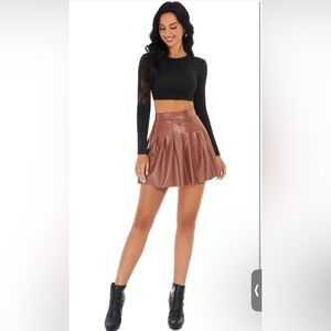New Elegant Camel Brown Vegan Leather Pleated Skirt size S